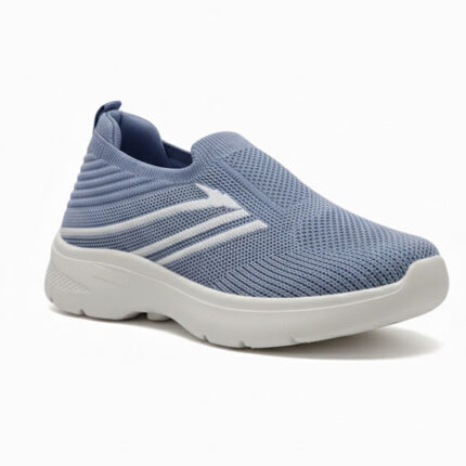 Sky Blue Knitted Slip-On Walking Sneaker with White Stripe Detail